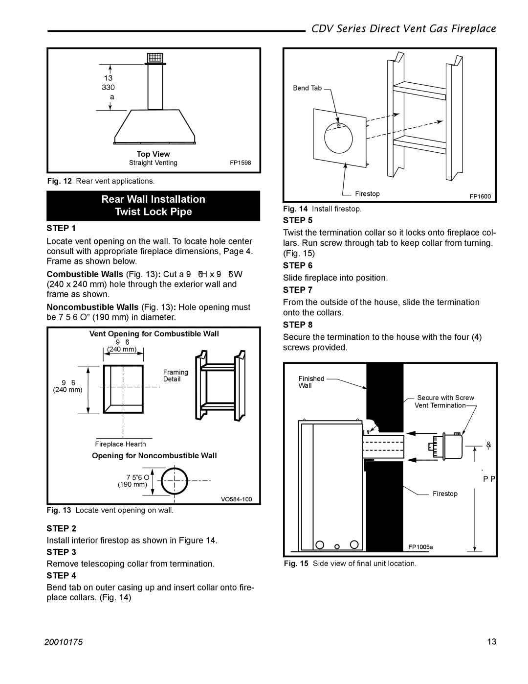 Vermont Casting 36CDVRRN, 36CDVTRN installation instructions Rear Wall Installation Twist Lock Pipe, Step 