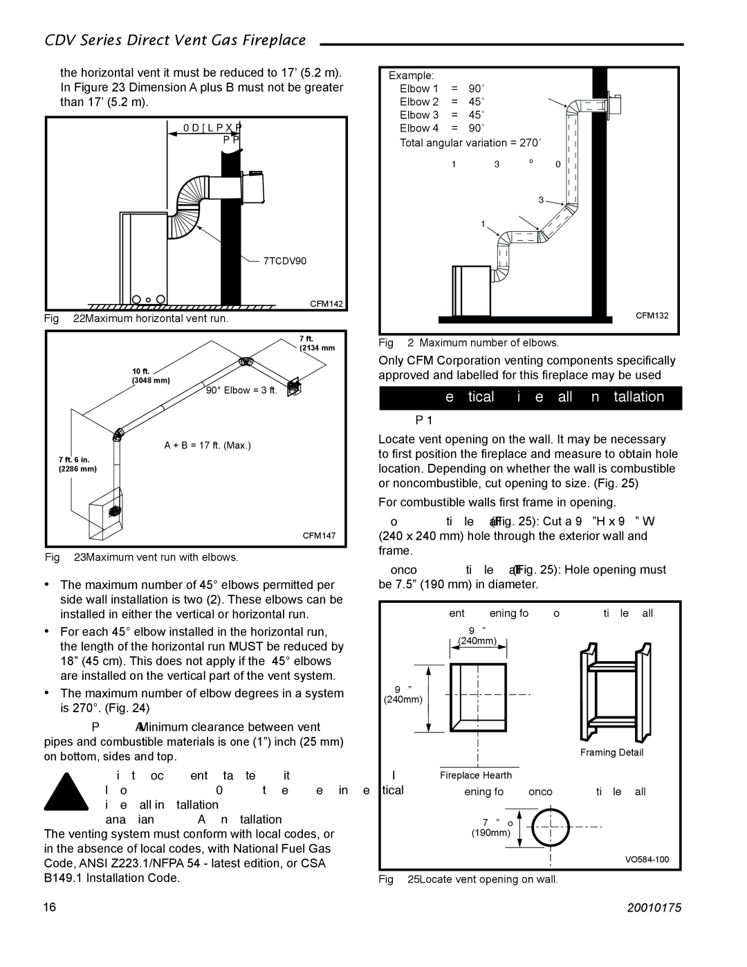 Vermont Casting 36CDVTRN, 36CDVRRN installation instructions Vertical Sidewall Installation, Maximum horizontal vent run 