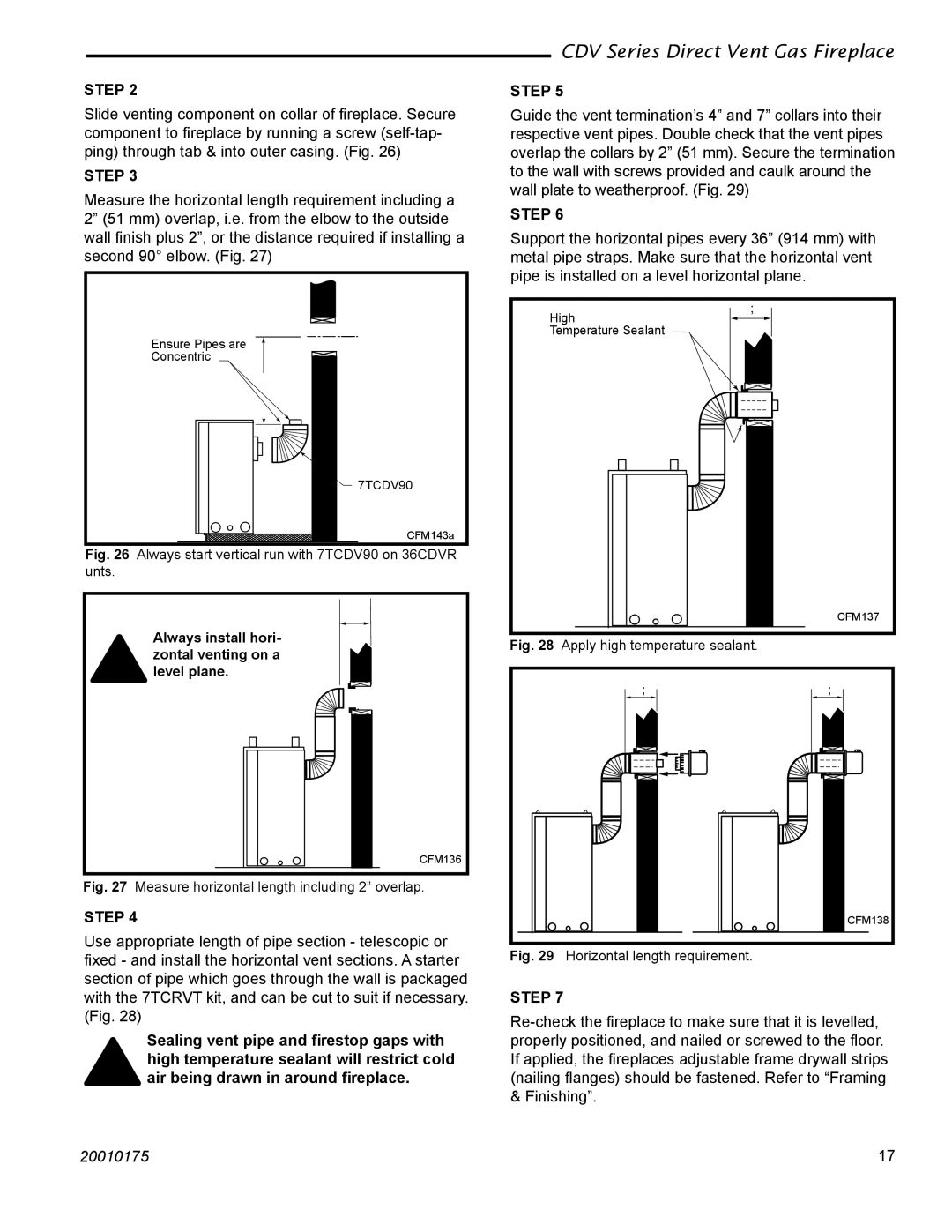 Vermont Casting 36CDVRRN, 36CDVTRN installation instructions Always install hori- zontal venting on a level plane 