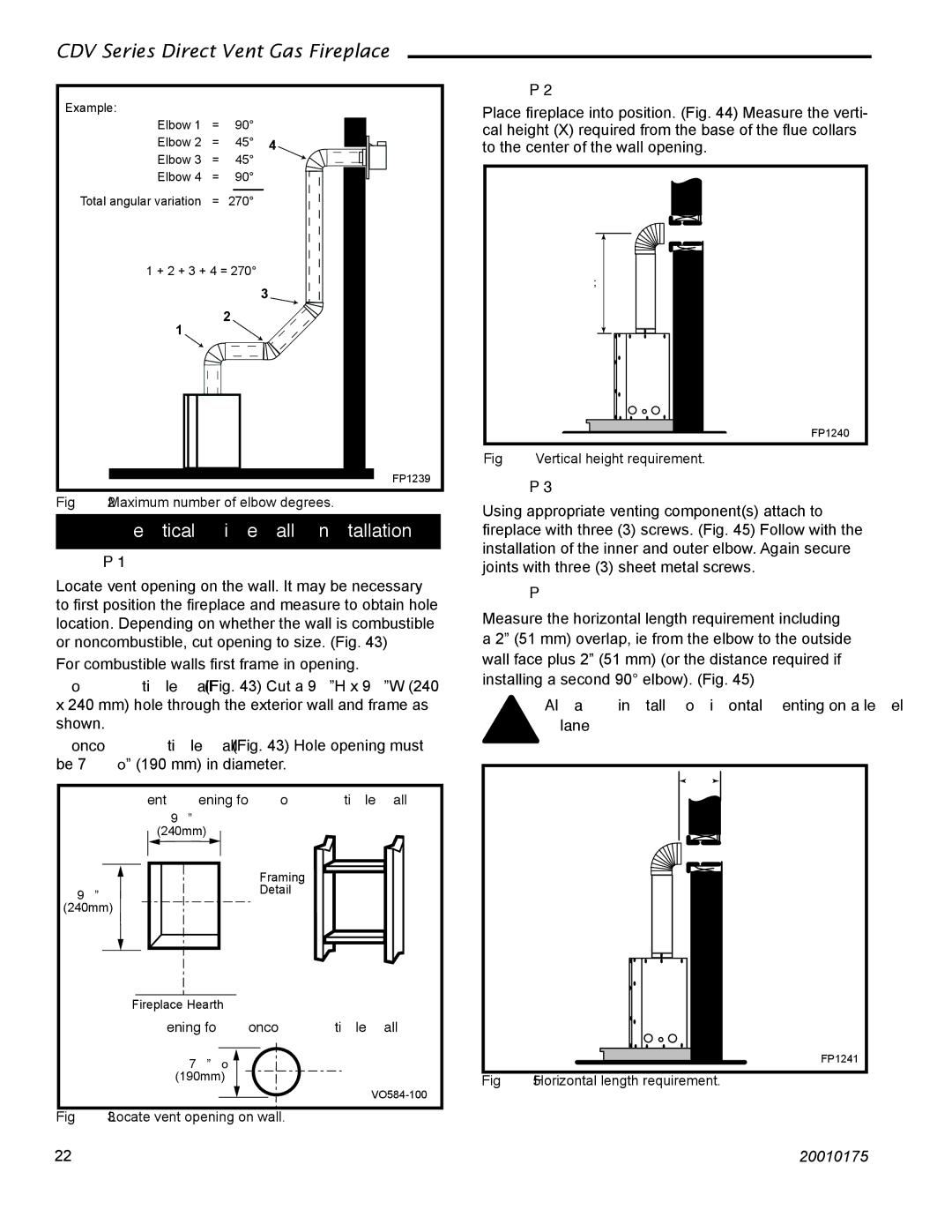 Vermont Casting 36CDVTRN, 36CDVRRN Vertical Sidewall Installations, Always install horizontal venting on a level plane 