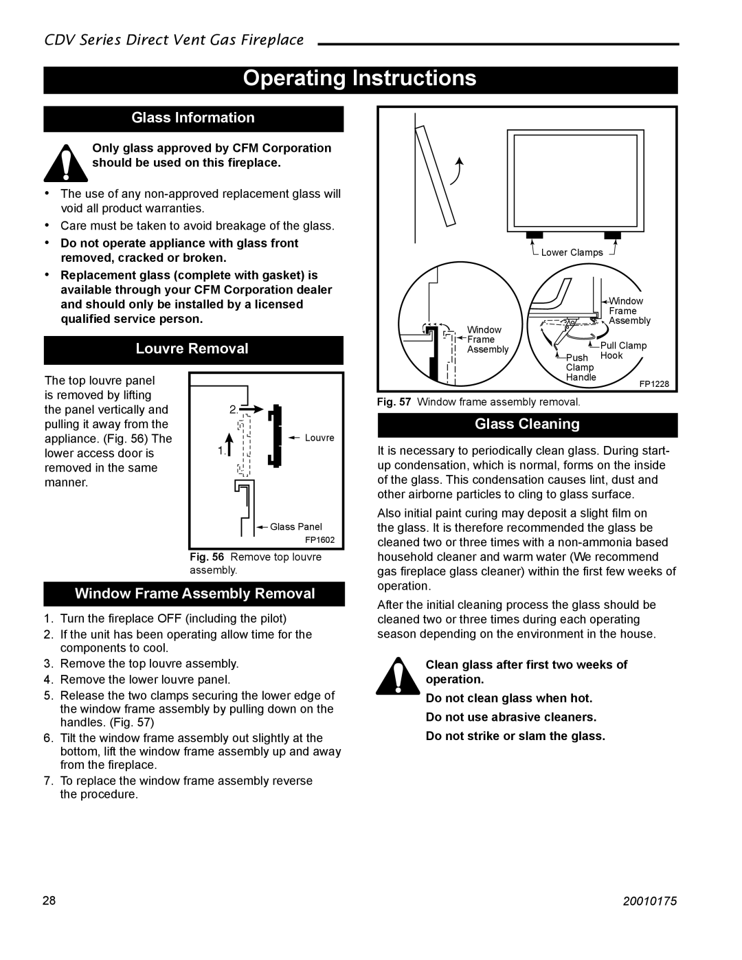 Vermont Casting 36CDVTRN, 36CDVRRN Operating Instructions, Glass Information, Louvre Removal, Glass Cleaning 