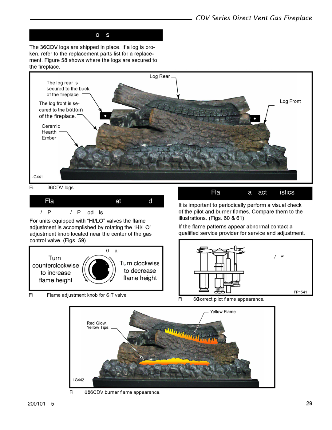 Vermont Casting 36CDVRRN, 36CDVTRN Logs, Flame Characteristics, Flame & Temperature Adjustment, RN/RP & EN/EP Models 