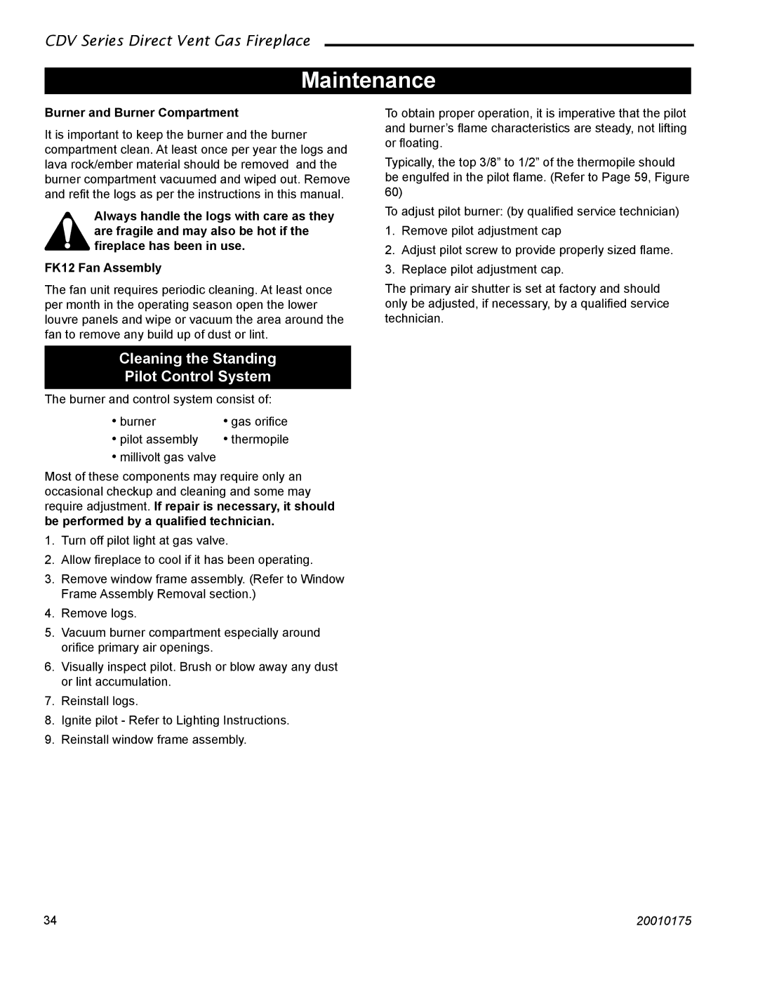 Vermont Casting 36CDVTRN, 36CDVRRN Maintenance, Cleaning the Standing Pilot Control System, Burner and Burner Compartment 