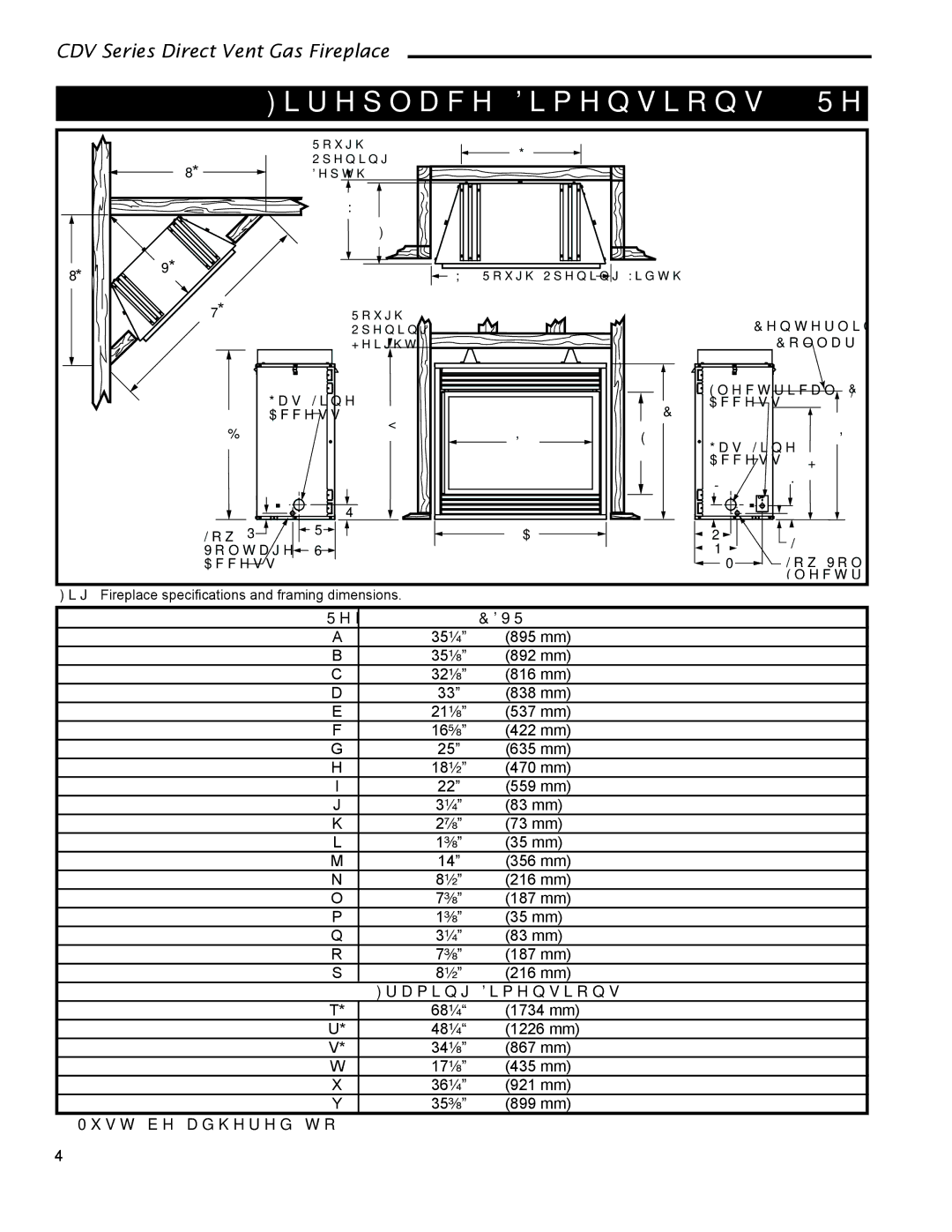 Vermont Casting 36CDVTRN, 36CDVRRN Fireplace Dimensions Rear Vent, Framing Dimensions, Must be adhered to 