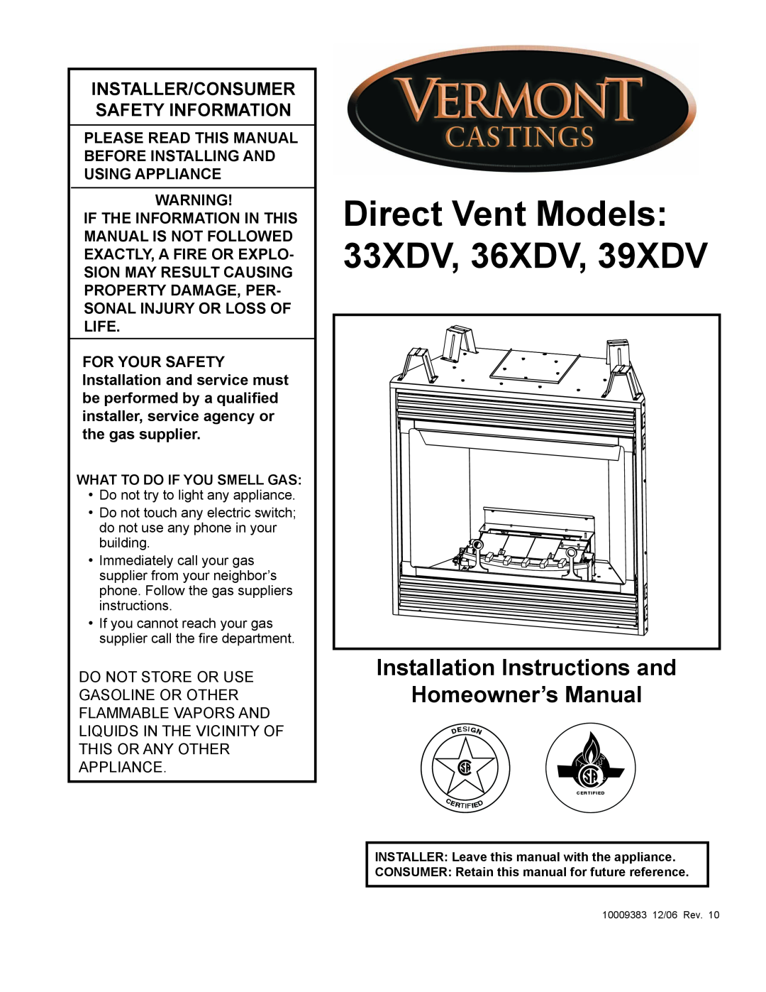 Vermont Casting 39XDV, 36XDV, 33XDV installation instructions Installation Instructions and Homeowner’s Manual 
