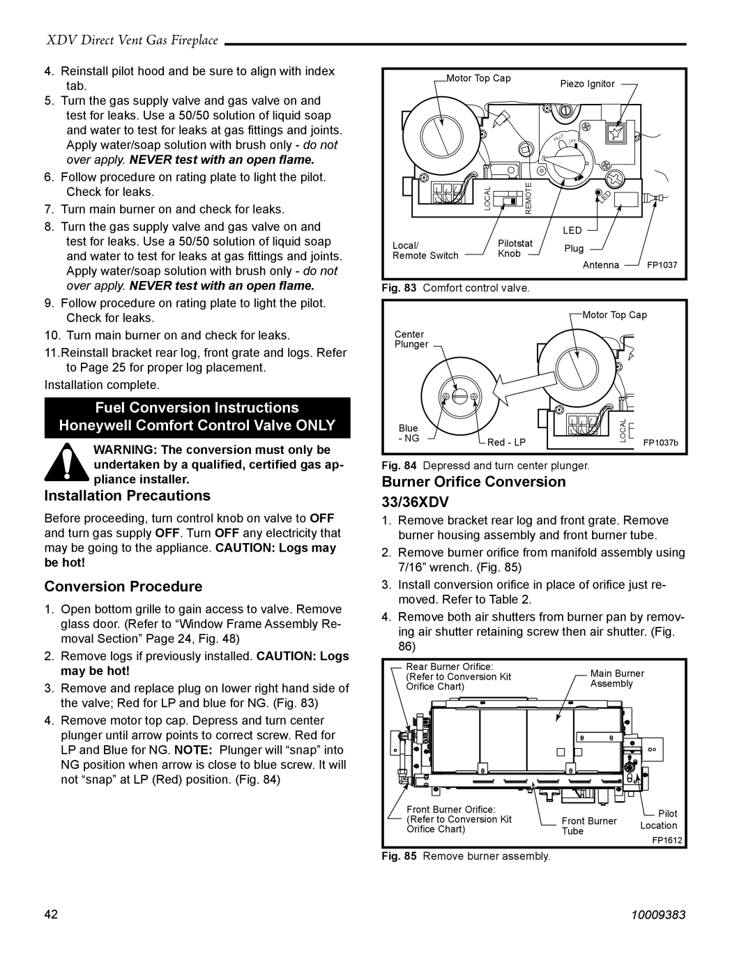 Vermont Casting 36XDV Fuel Conversion Instructions, Honeywell Comfort Control Valve ONLY, XDV Direct Vent Gas Fireplace 
