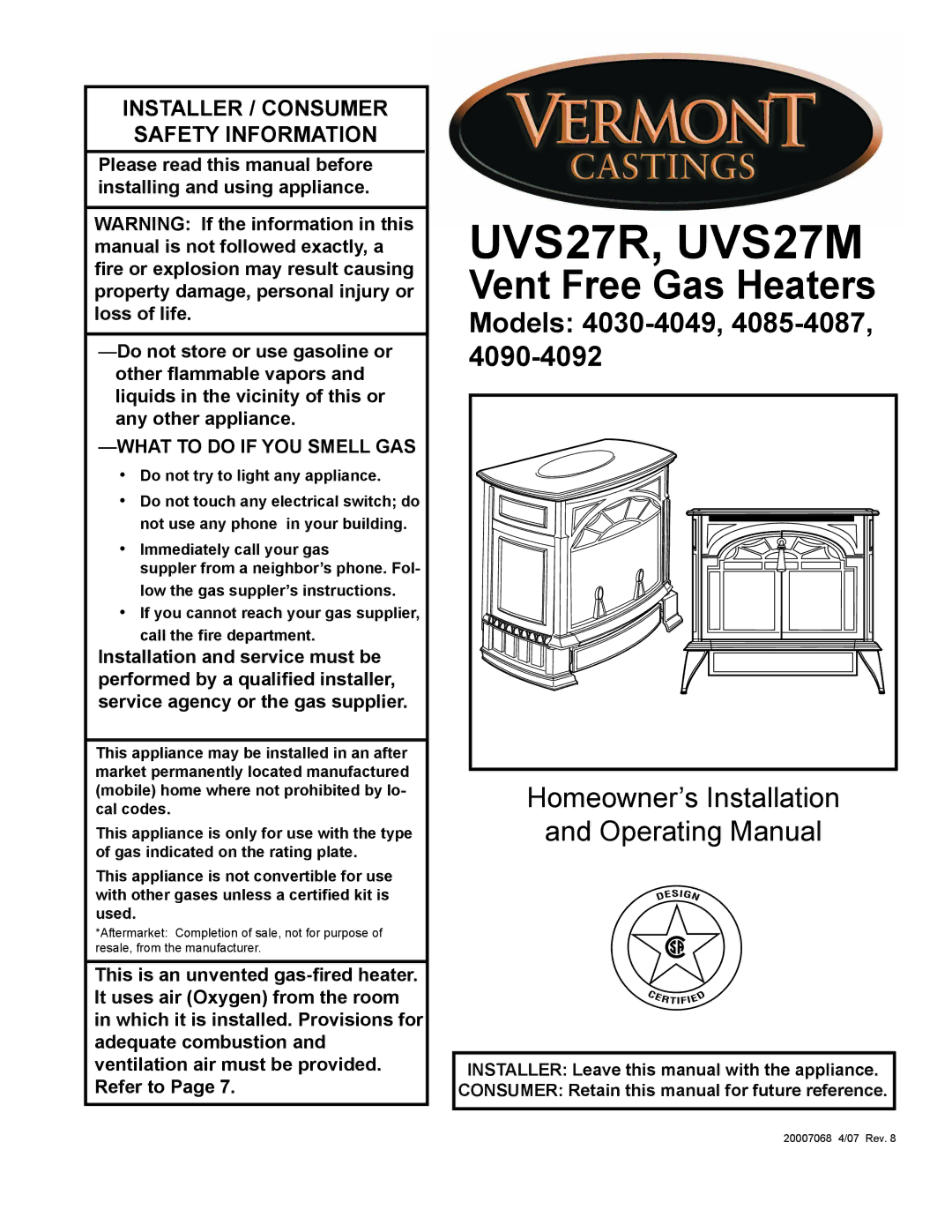 Vermont Casting 4030 - 4049 manual UVS27R, UVS27M 