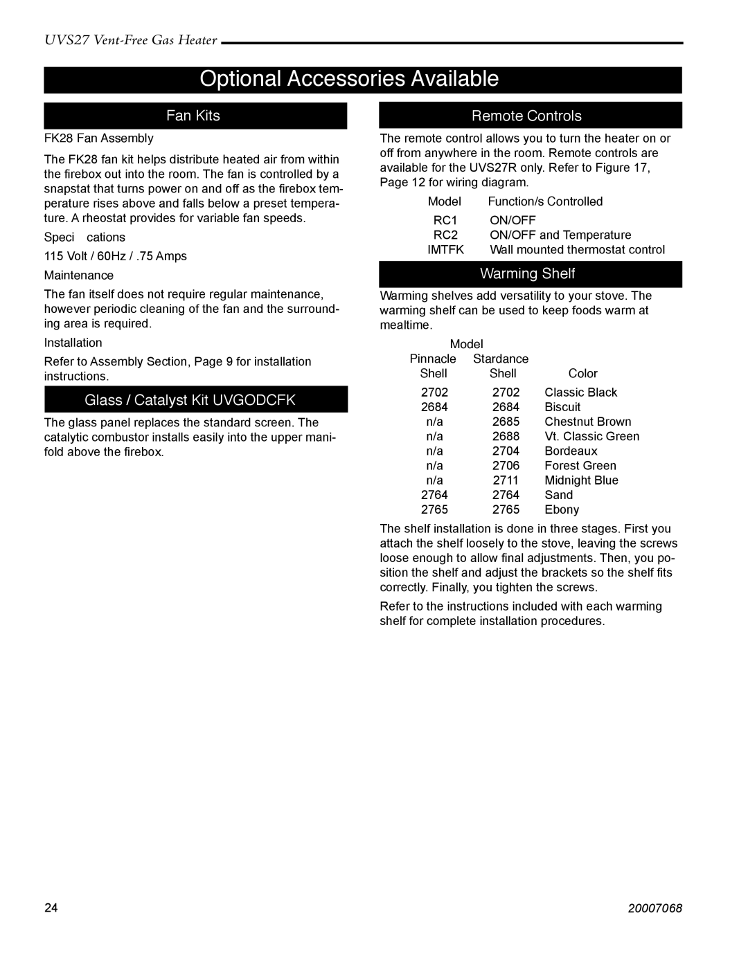 Vermont Casting 4030 - 4049 manual Optional Accessories Available, Fan Kits, Glass / Catalyst Kit Uvgodcfk, Remote Controls 