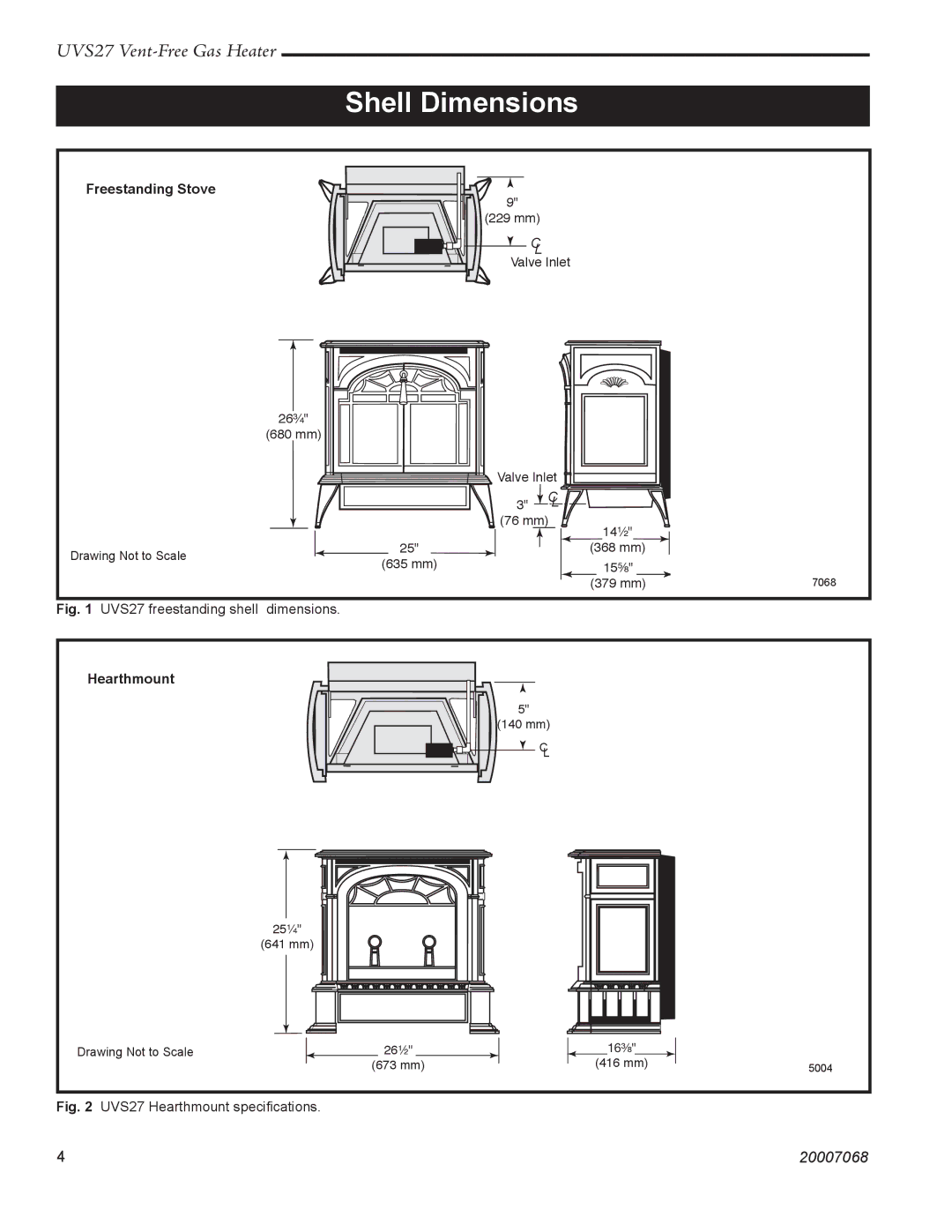 Vermont Casting 4030 - 4049 manual Shell Dimensions, UVS27 freestanding shell dimensions 