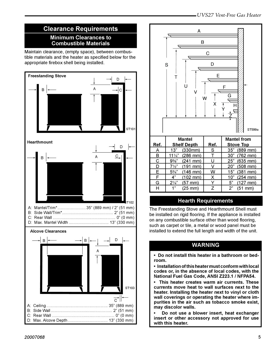 Vermont Casting 4030 - 4049 manual Minimum Clearances to Combustible Materials, Hearth Requirements, Mantel from 