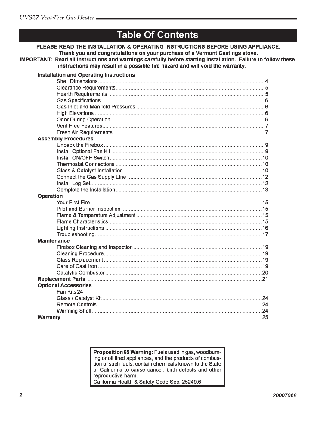 Vermont Casting 4030 - 4049 manual Table Of Contents, UVS27 Vent-FreeGas Heater, Installation and Operating Instructions 