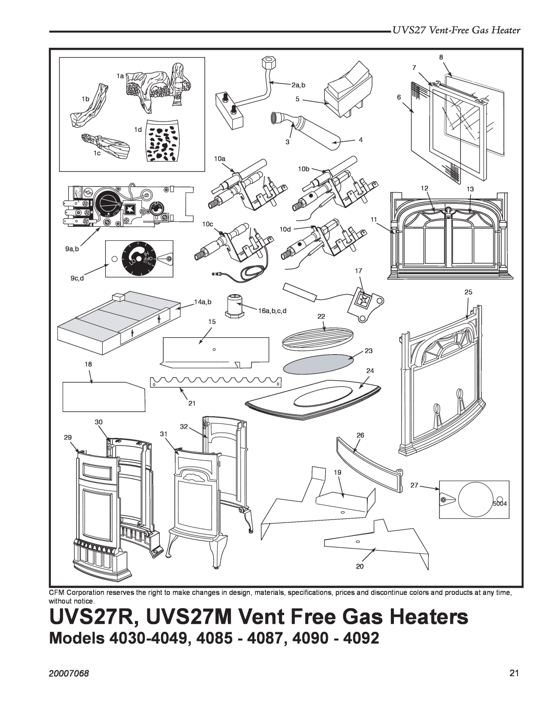 Vermont Casting 4030 - 4049 manual Models 4030-4049,4085 - 4087, 4090, UVS27R, UVS27M Vent Free Gas Heaters, 20007068 