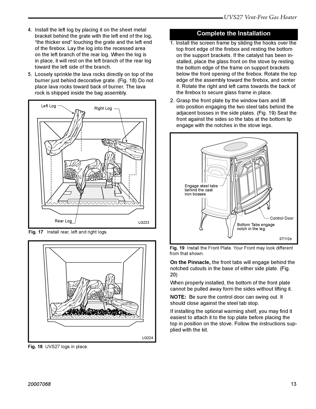 Vermont Casting 4040 - 4046, 4090 - 4092, 4085 - 4087 manual Complete the Installation, Install rear, left and right logs 