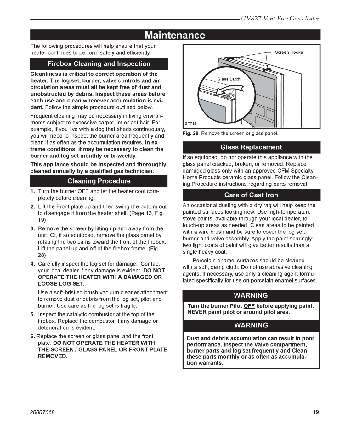 Vermont Casting 4030 - 4036 manual Maintenance, Firebox Cleaning and Inspection, Cleaning Procedure, Glass Replacement 