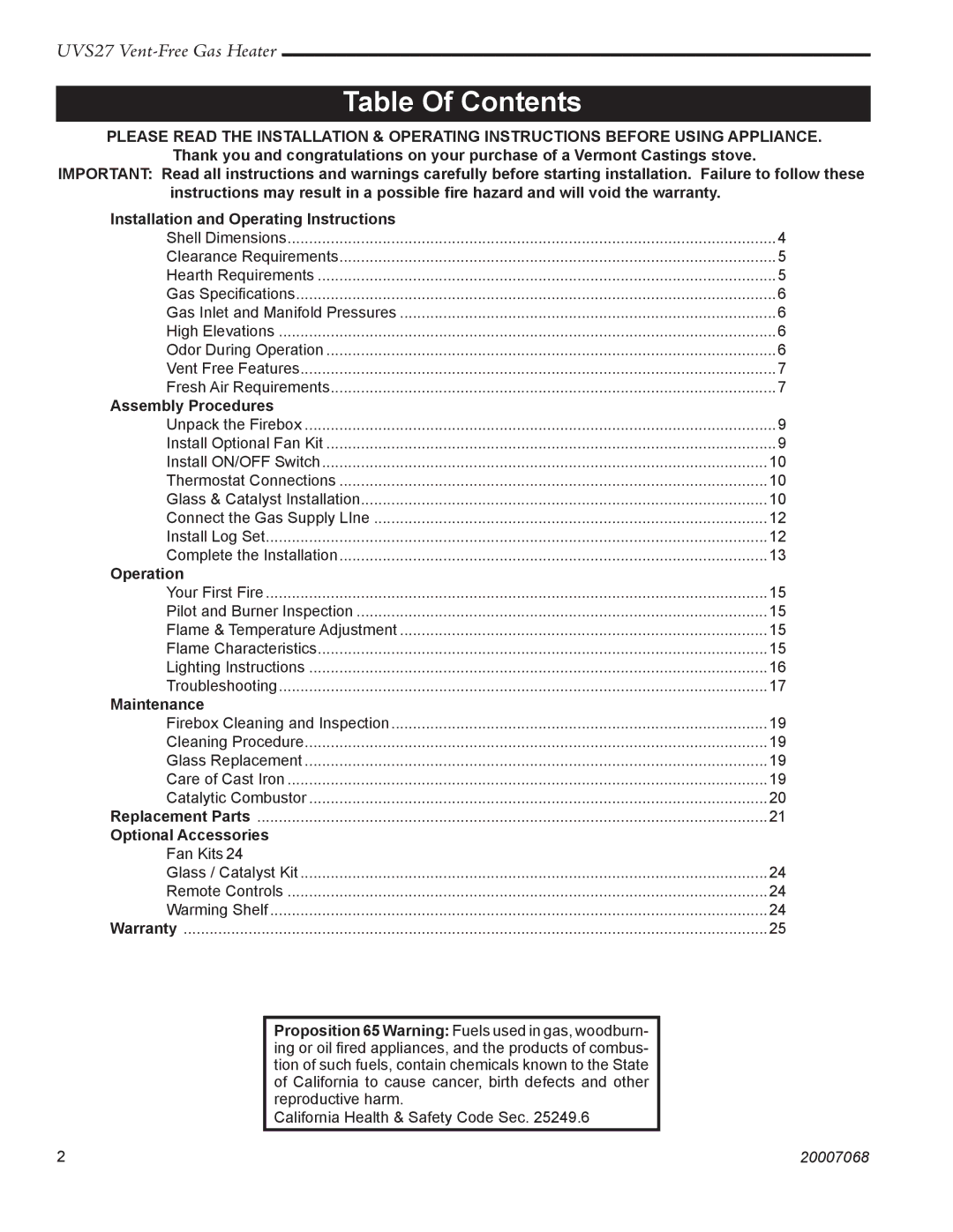 Vermont Casting 4085 - 4087, 4090 - 4092, 4040 - 4046, 4030 - 4036 manual Table Of Contents 