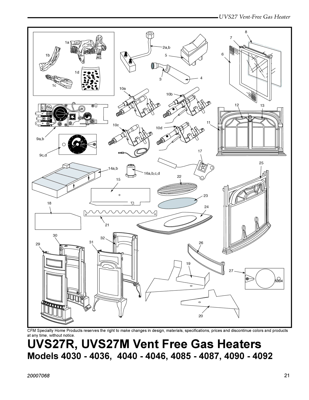 Vermont Casting 4040 - 4046, 4090 - 4092, 4085 - 4087, 4030 - 4036 manual UVS27R, UVS27M Vent Free Gas Heaters 