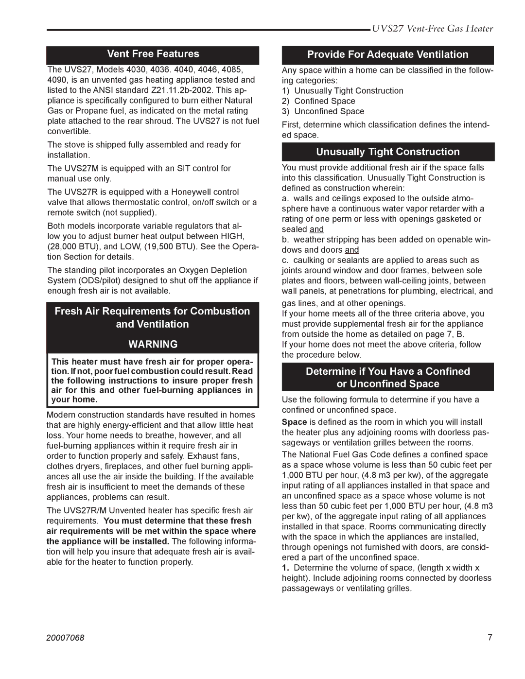 Vermont Casting 4030 - 4036, 4090 - 4092, 4040 - 4046 Vent Free Features, Fresh Air Requirements for Combustion Ventilation 