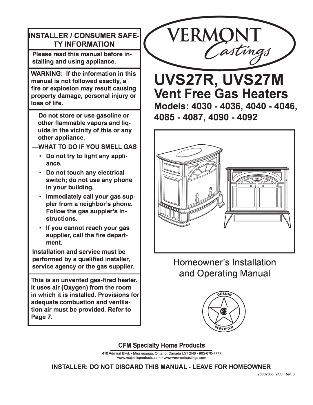 Vermont Casting 4040 - 4046 manual Models, 4085, Installer / Consumer Safe Ty Information, CFM Specialty Home Products 