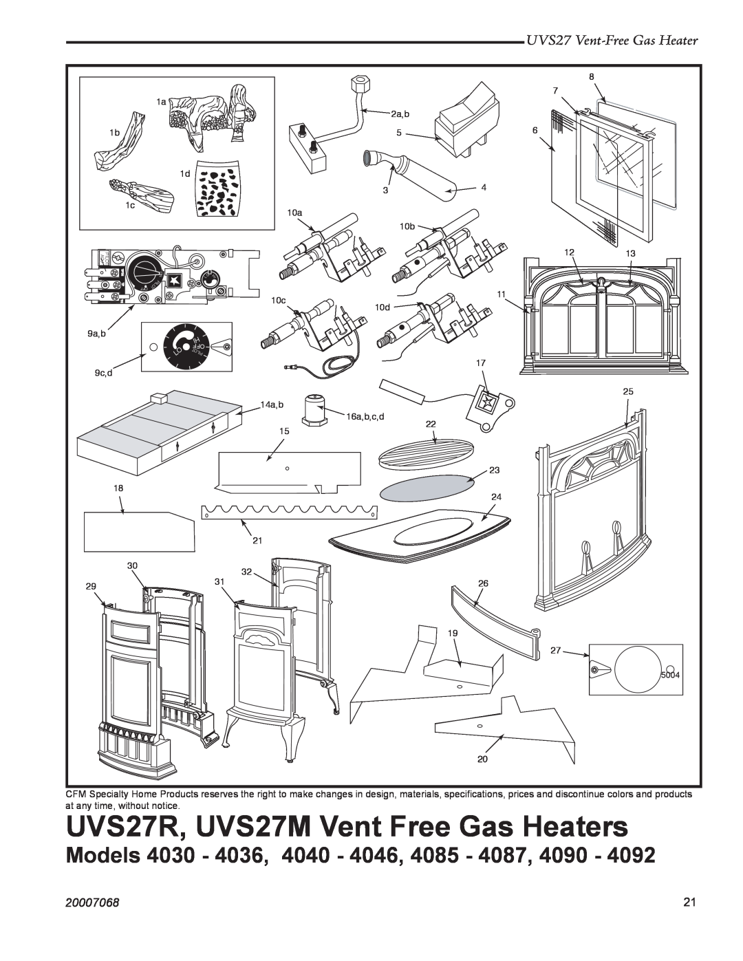 Vermont Casting 4040 - 4046, 4090 - 4092 manual UVS27R, UVS27M Vent Free Gas Heaters, UVS27 Vent-FreeGas Heater, 20007068 
