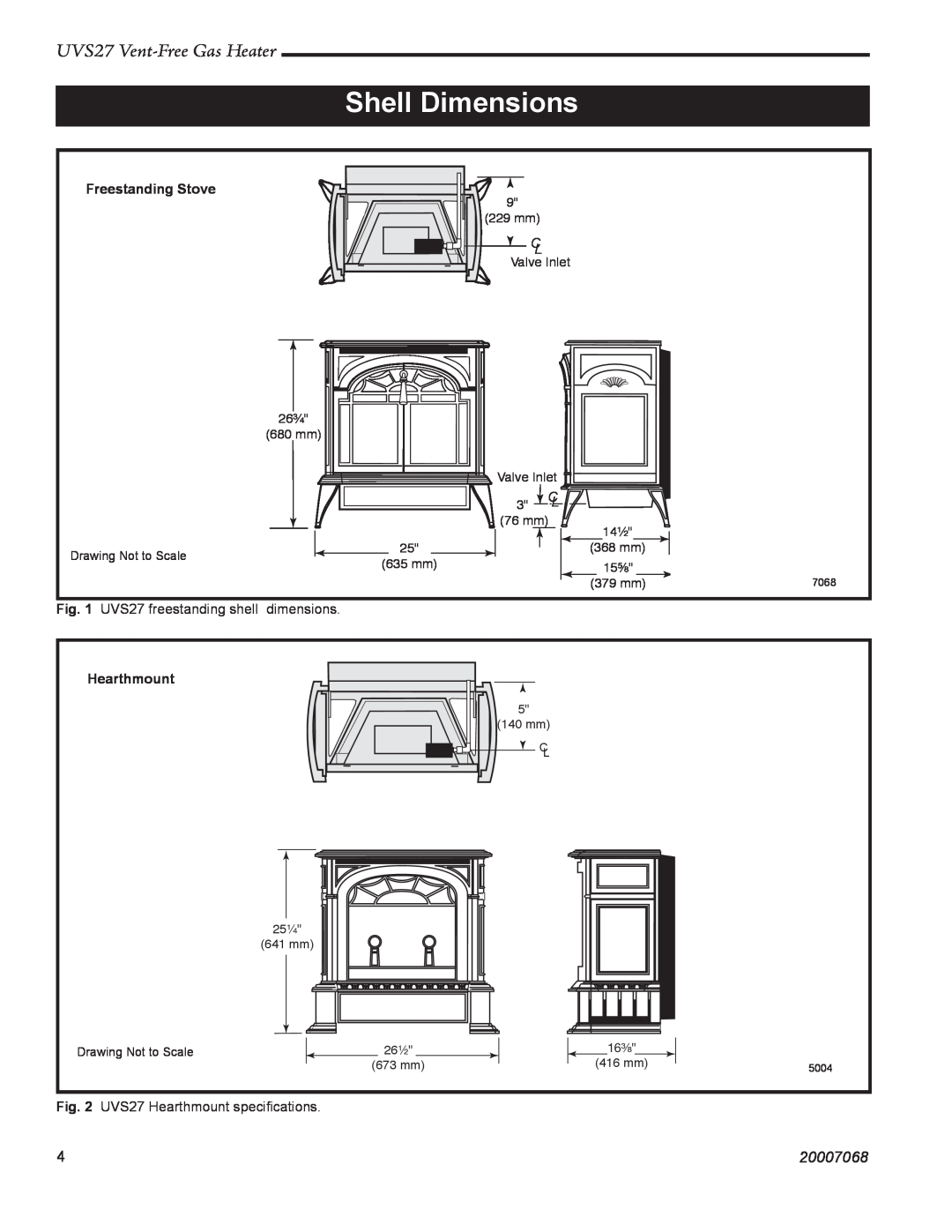 Vermont Casting 4090 - 4092 manual Shell Dimensions, UVS27 Vent-FreeGas Heater, 20007068, Freestanding Stove, Hearthmount 