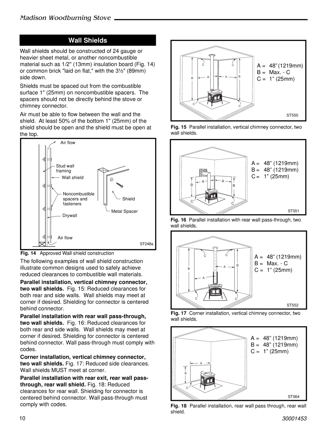 Vermont Casting 410 installation instructions Wall Shields, Approved Wall shield construction 