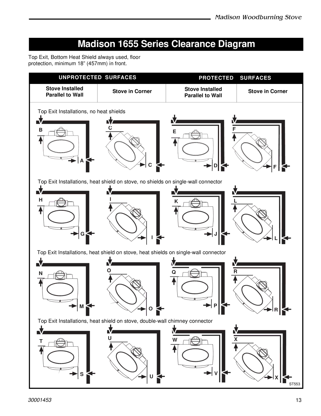 Vermont Casting 410 installation instructions Madison 1655 Series Clearance Diagram, Unprotected Surfaces Protected 