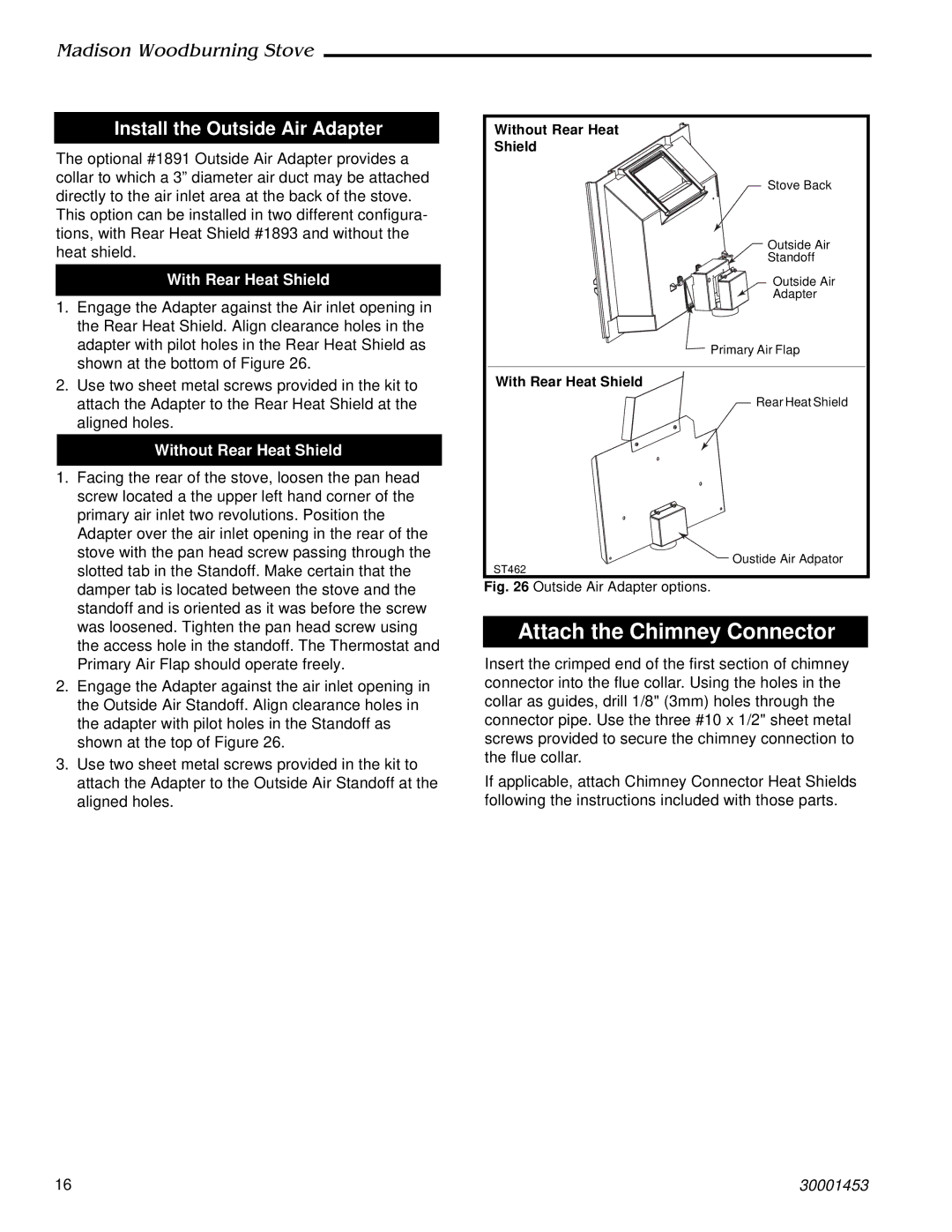 Vermont Casting 410 installation instructions Install the Outside Air Adapter, With Rear Heat Shield 