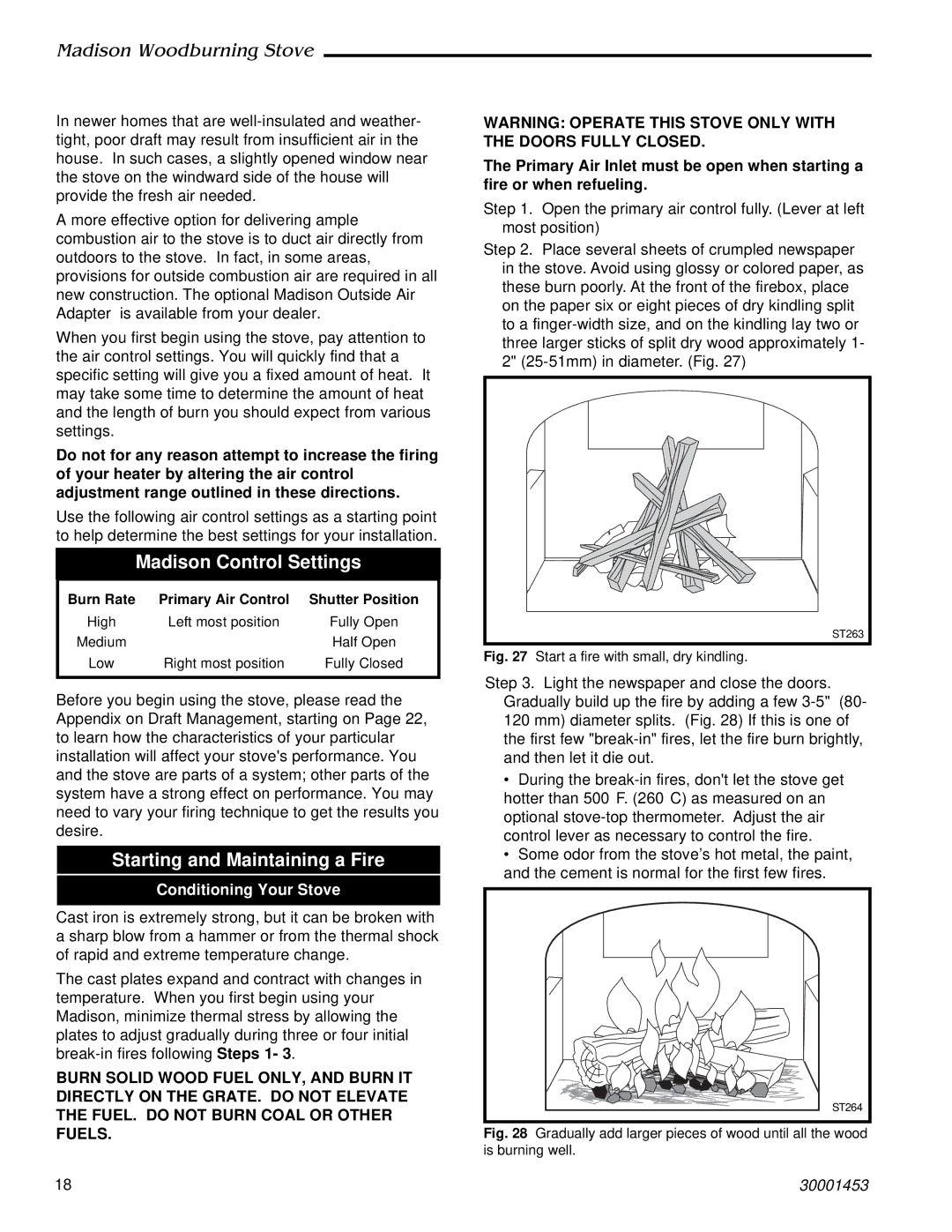 Vermont Casting 410 installation instructions Madison Control Settings, Starting and Maintaining a Fire 