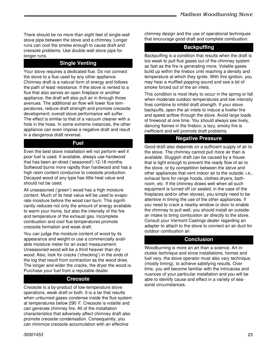 Vermont Casting 410 installation instructions Single Venting, Fuel, Backpuffing, Negative Pressure, Conclusion 