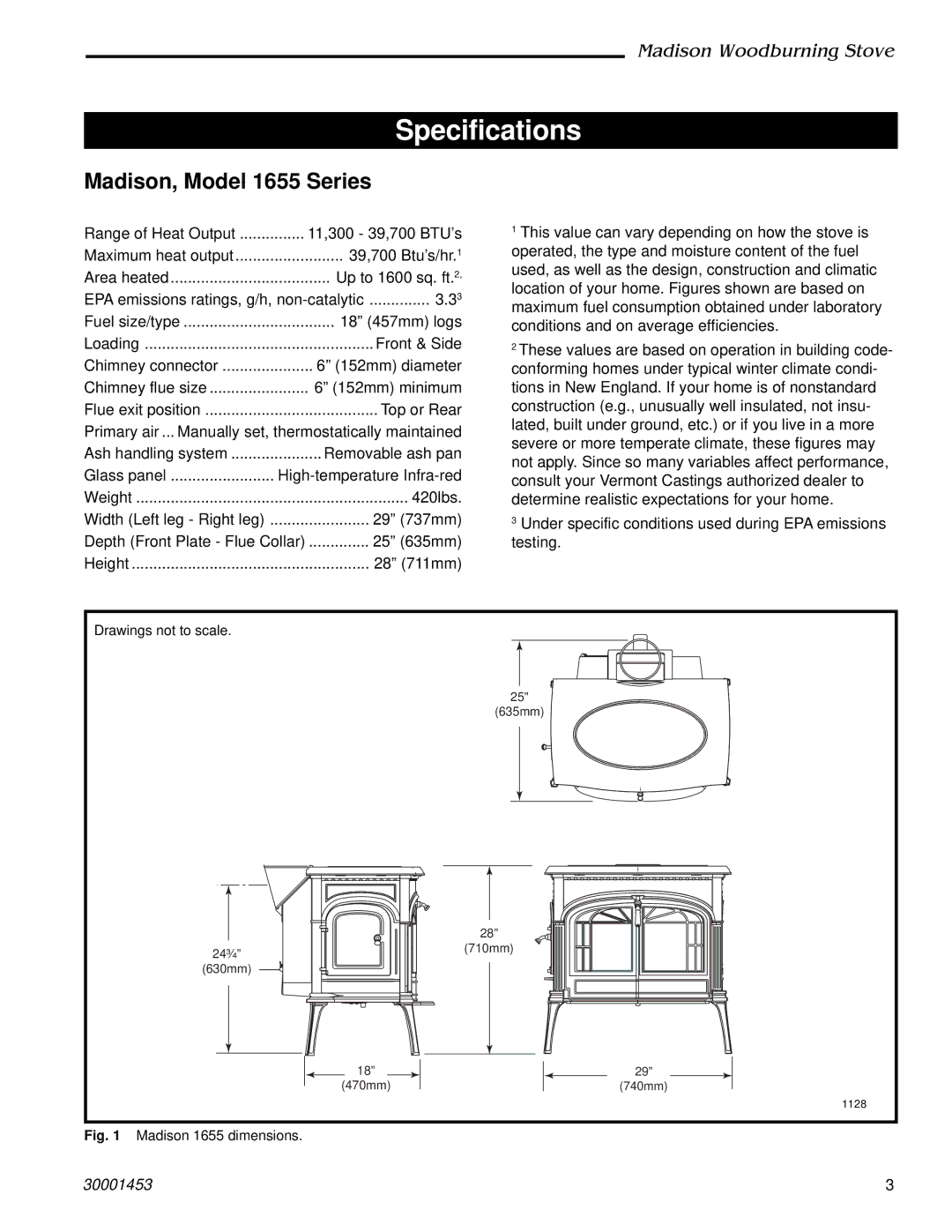 Vermont Casting 410 installation instructions Specifications, Madison, Model 1655 Series 