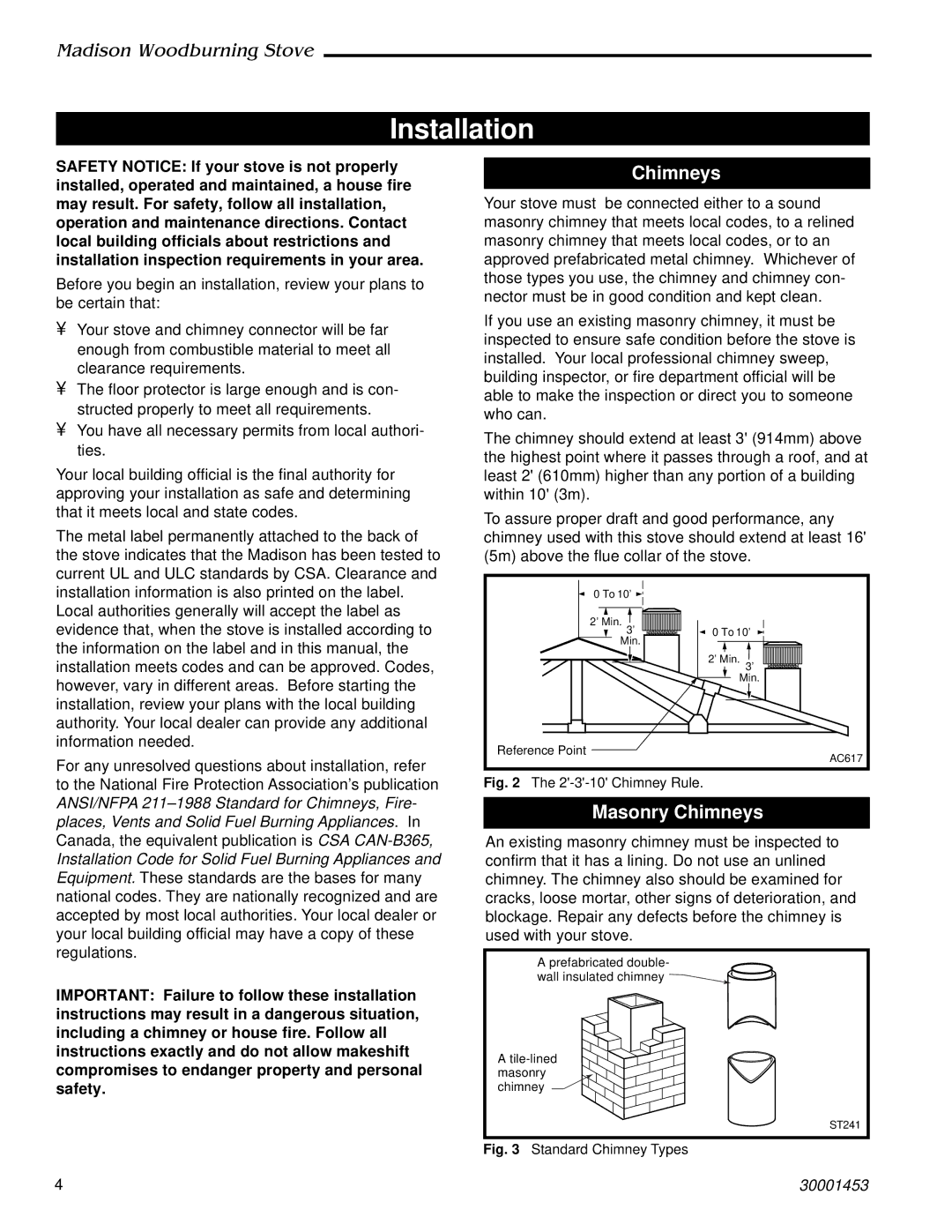 Vermont Casting 410 installation instructions Installation, Masonry Chimneys 