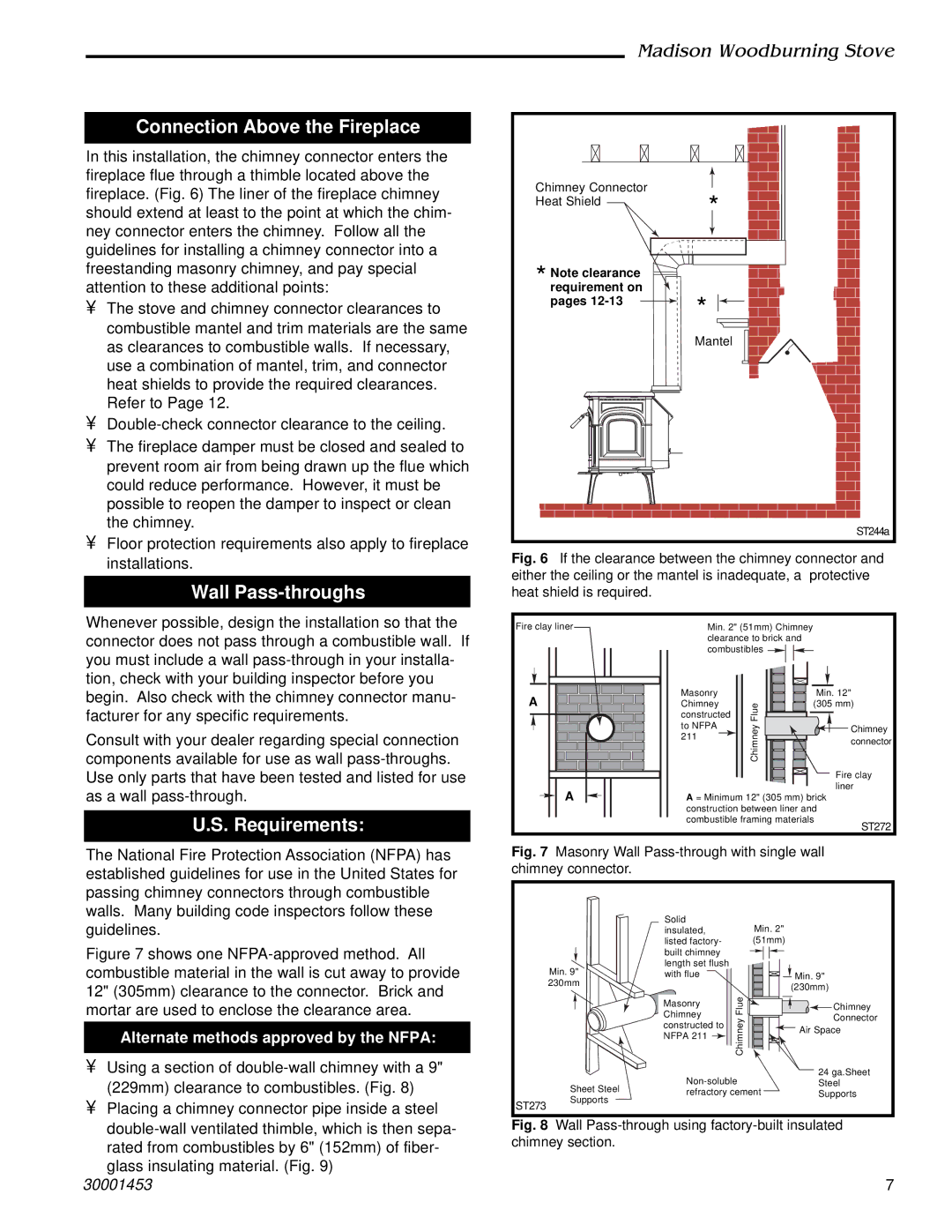 Vermont Casting 410 installation instructions Connection Above the Fireplace, Wall Pass-throughs, Requirements 