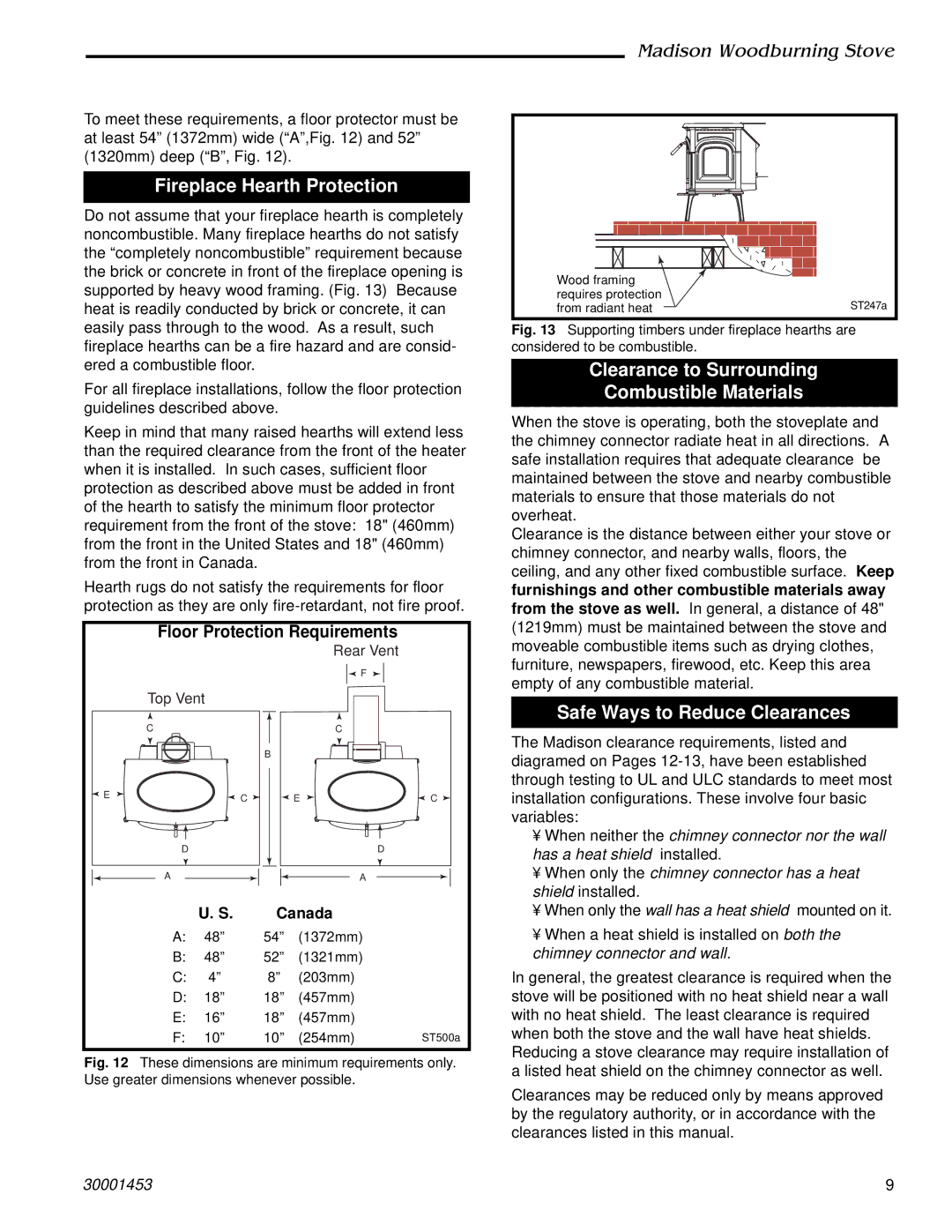 Vermont Casting 410 installation instructions Fireplace Hearth Protection, Clearance to Surrounding Combustible Materials 