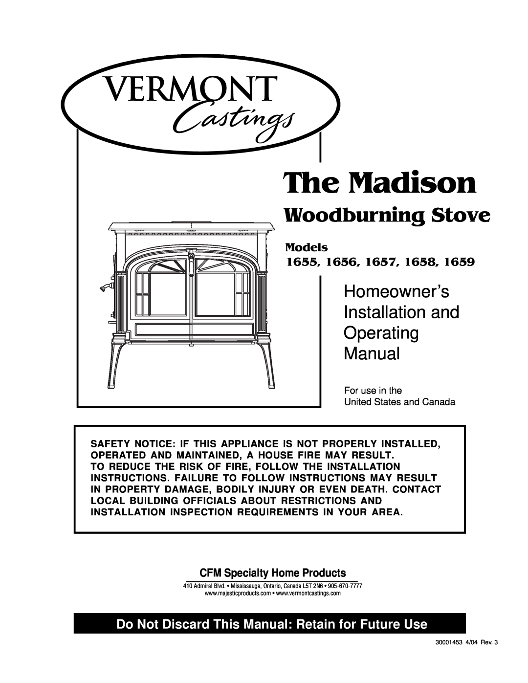 Vermont Casting 410 installation instructions CFM Specialty Home Products, The Madison, Woodburning Stove, Homeowner’s 