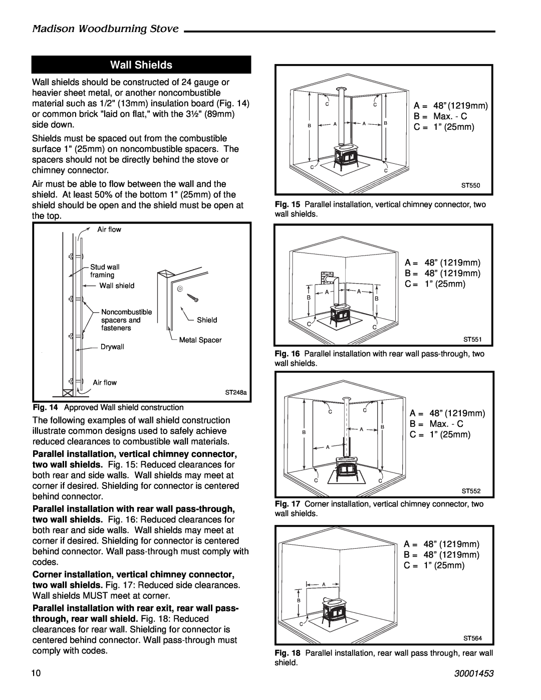 Vermont Casting 410 installation instructions Wall Shields, Madison Woodburning Stove, 30001453 