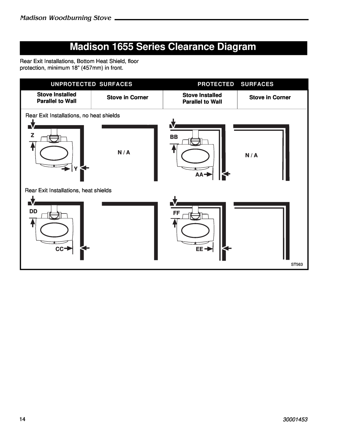 Vermont Casting 410 Madison 1655 Series Clearance Diagram, Madison Woodburning Stove, Unprotected Surfaces, Protected 