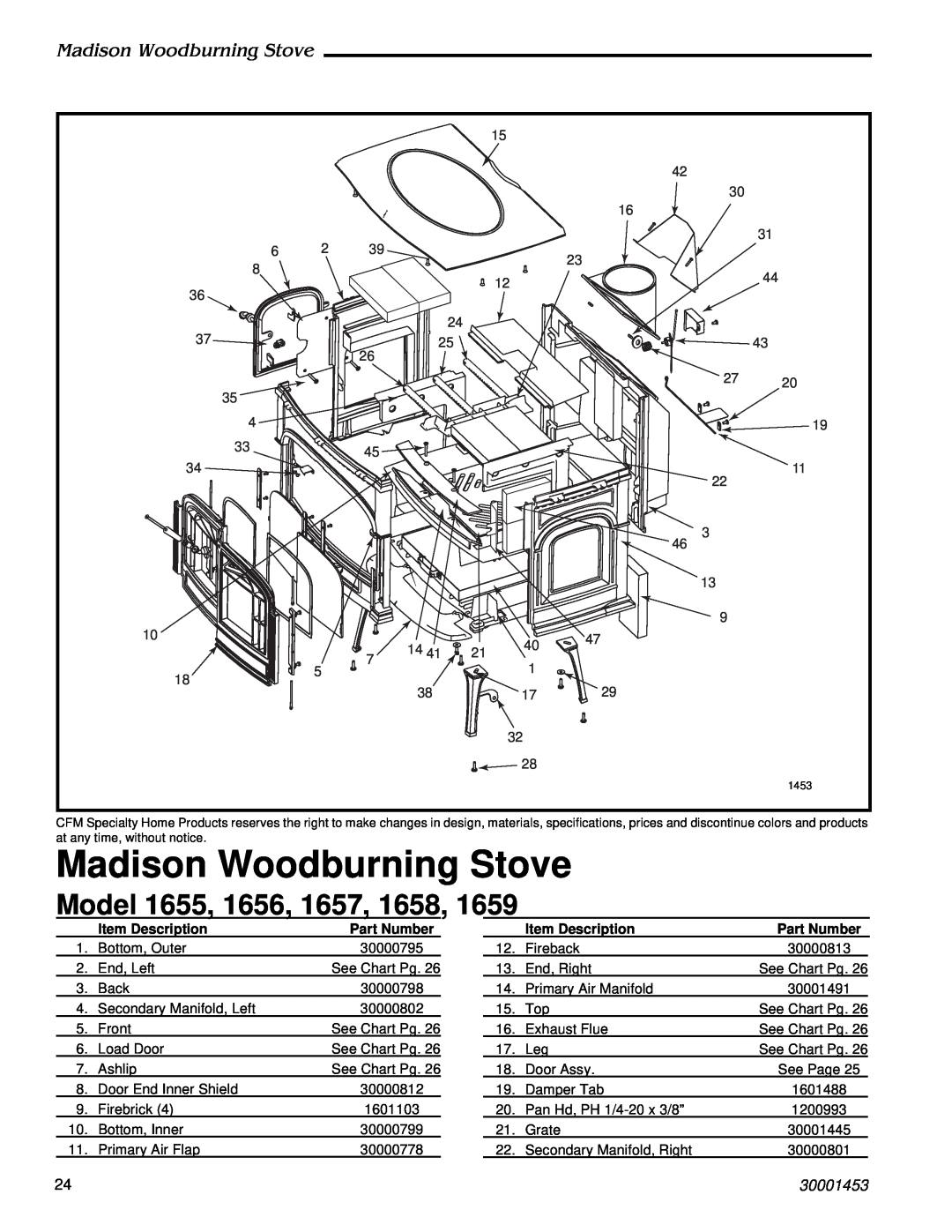 Vermont Casting 410 Madison Woodburning Stove, Model 1655, 30001453, Item Description, Part Number 