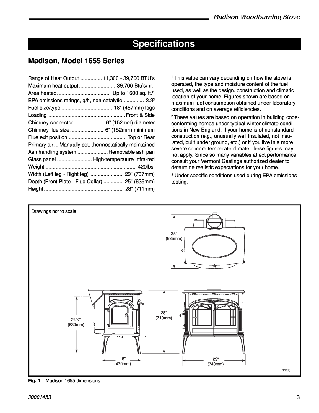 Vermont Casting 410 Specifications, Madison, Model 1655 Series, Madison Woodburning Stove, 30001453 
