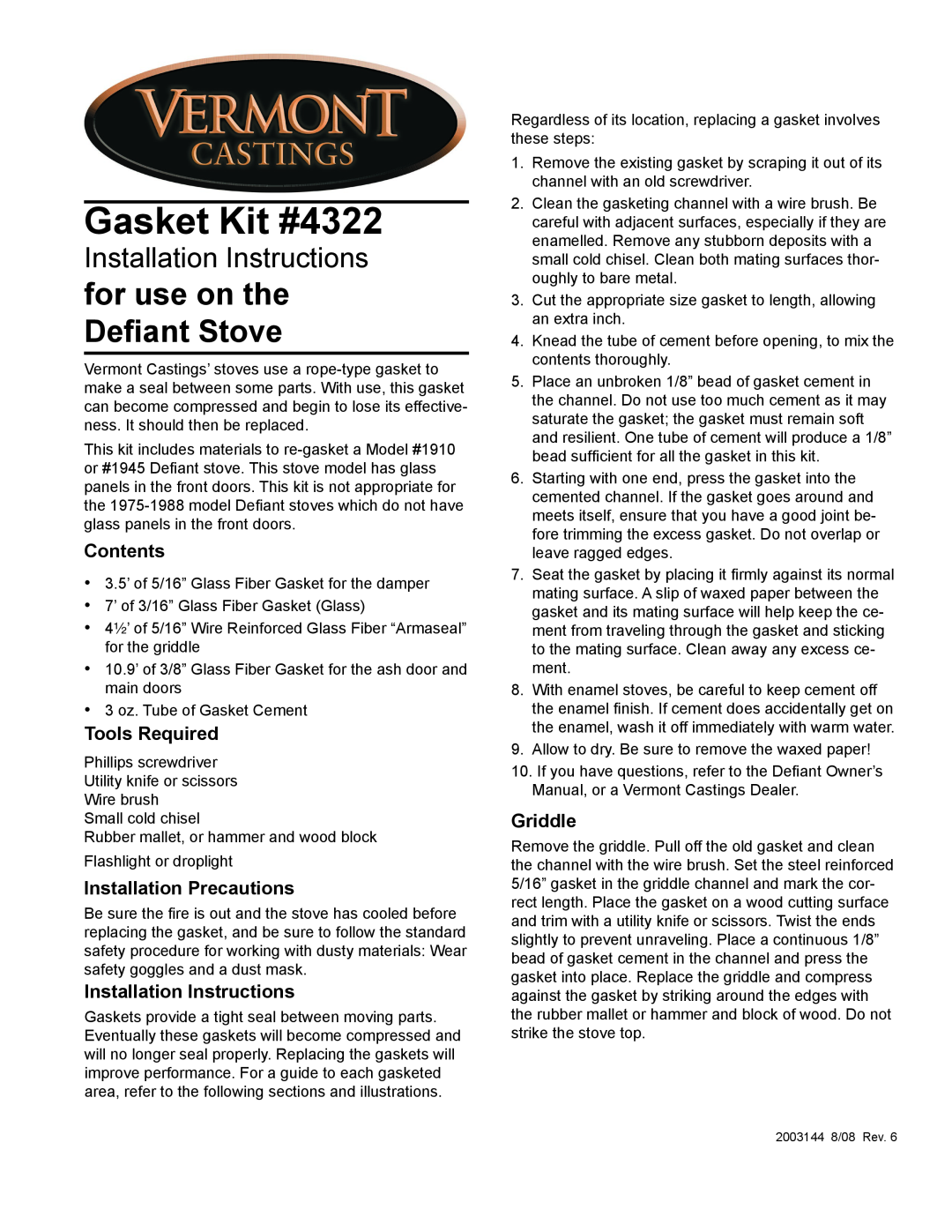 Vermont Casting 4322 installation instructions Contents, Tools Required, Installation Precautions, Griddle 
