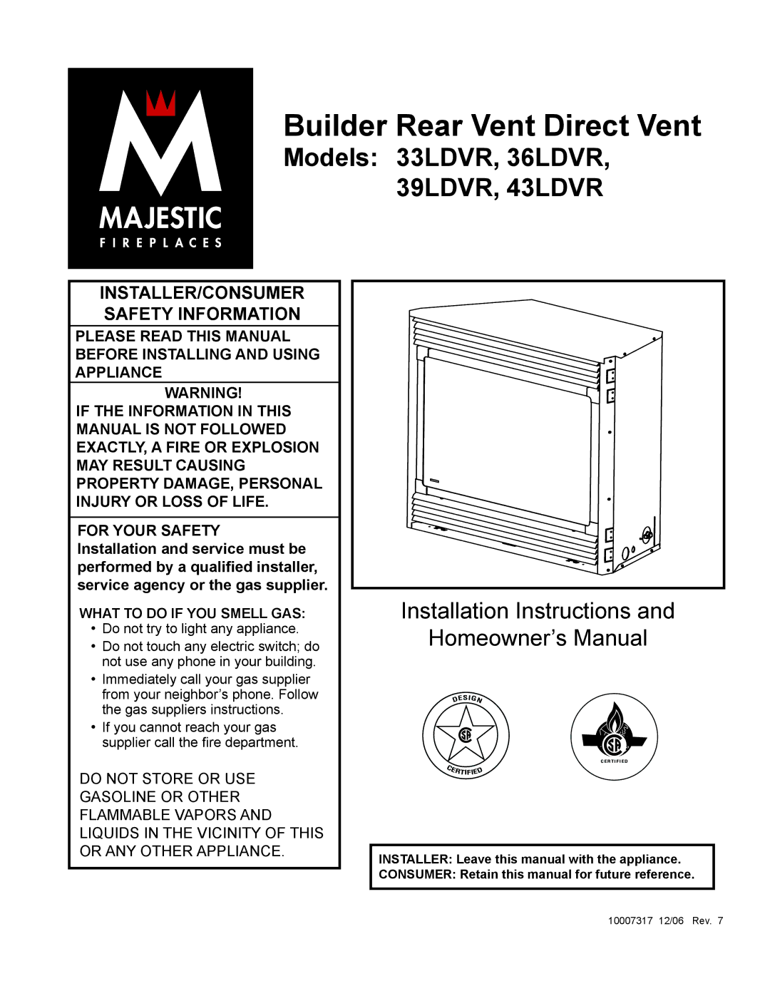 Vermont Casting 39LDVR, 43LDVR, 33LDVR, 36LDVR installation instructions Builder Rear Vent Direct Vent 