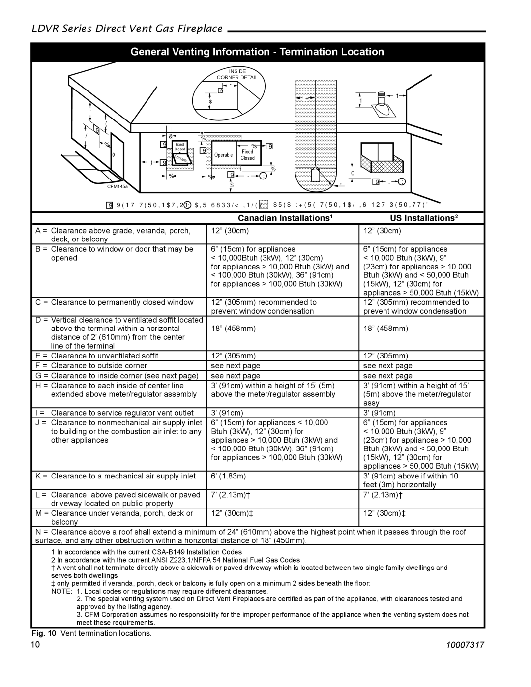 Vermont Casting 33LDVR, 43LDVR General Venting Information Termination Location, Canadian Installations1 US Installations2 