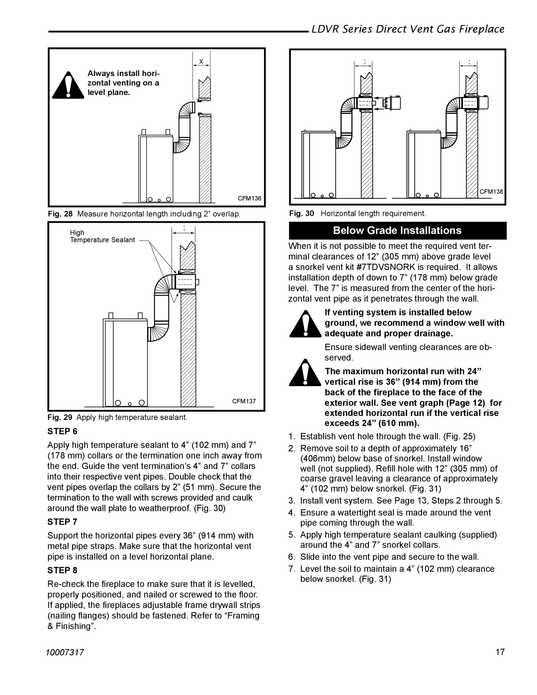 Vermont Casting 39LDVR, 43LDVR, 33LDVR, 36LDVR Below Grade Installations, Measure horizontal length including 2 overlap 