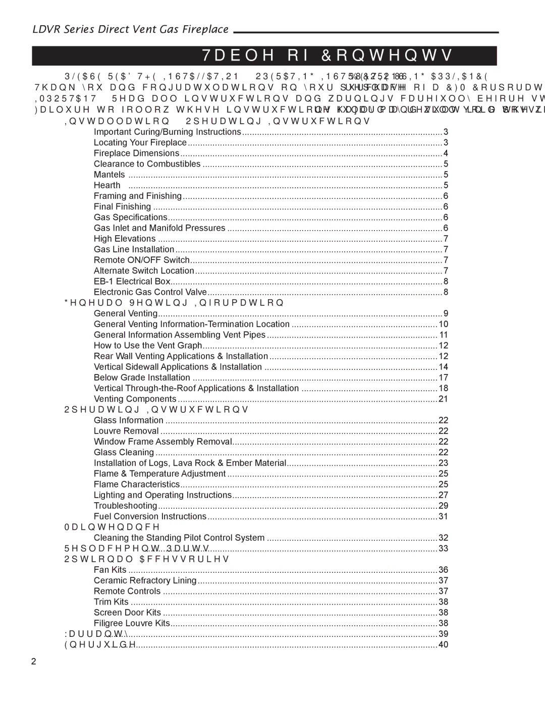 Vermont Casting 33LDVR, 43LDVR, 39LDVR, 36LDVR installation instructions Table of Contents 