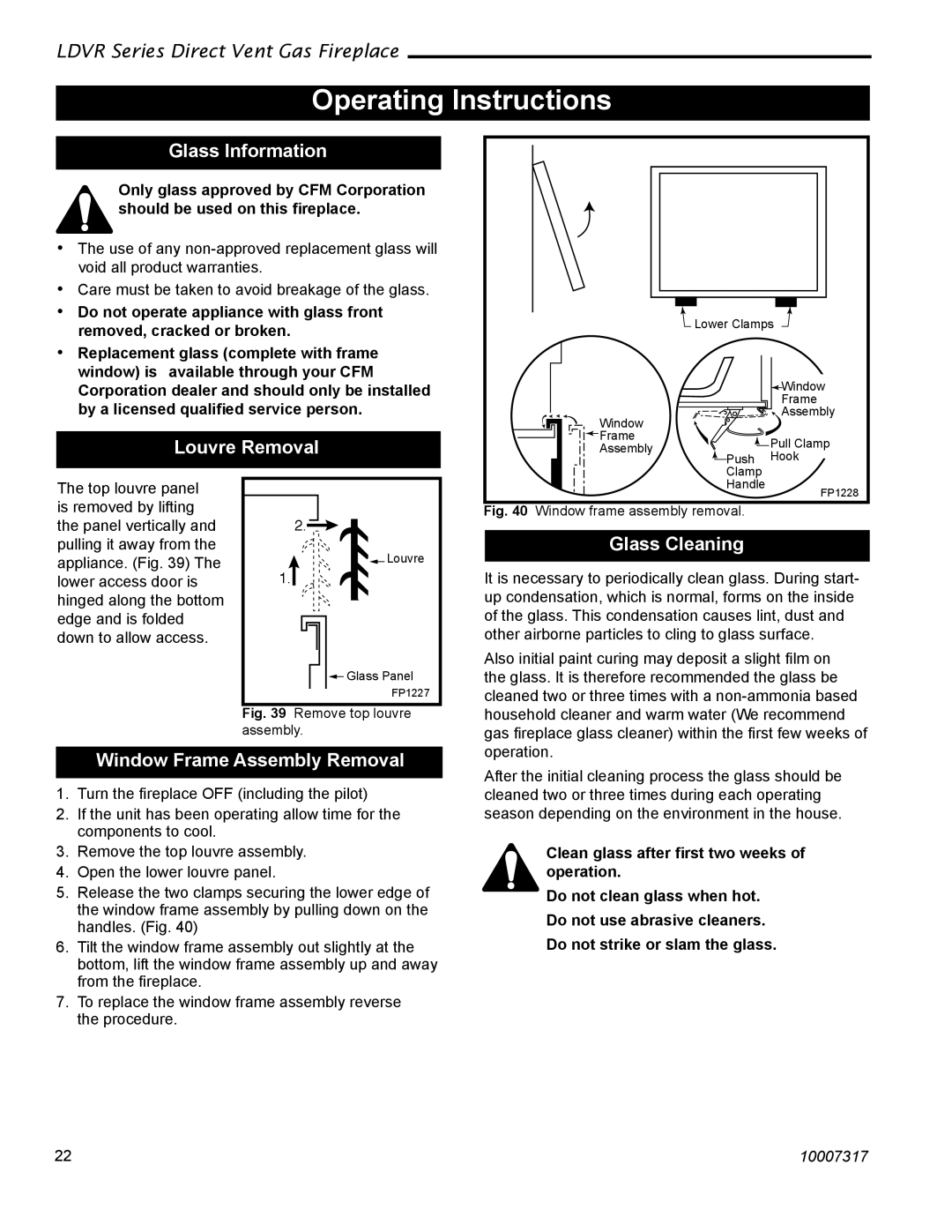 Vermont Casting 33LDVR, 43LDVR, 39LDVR, 36LDVR Operating Instructions, Glass Information, Louvre Removal, Glass Cleaning 