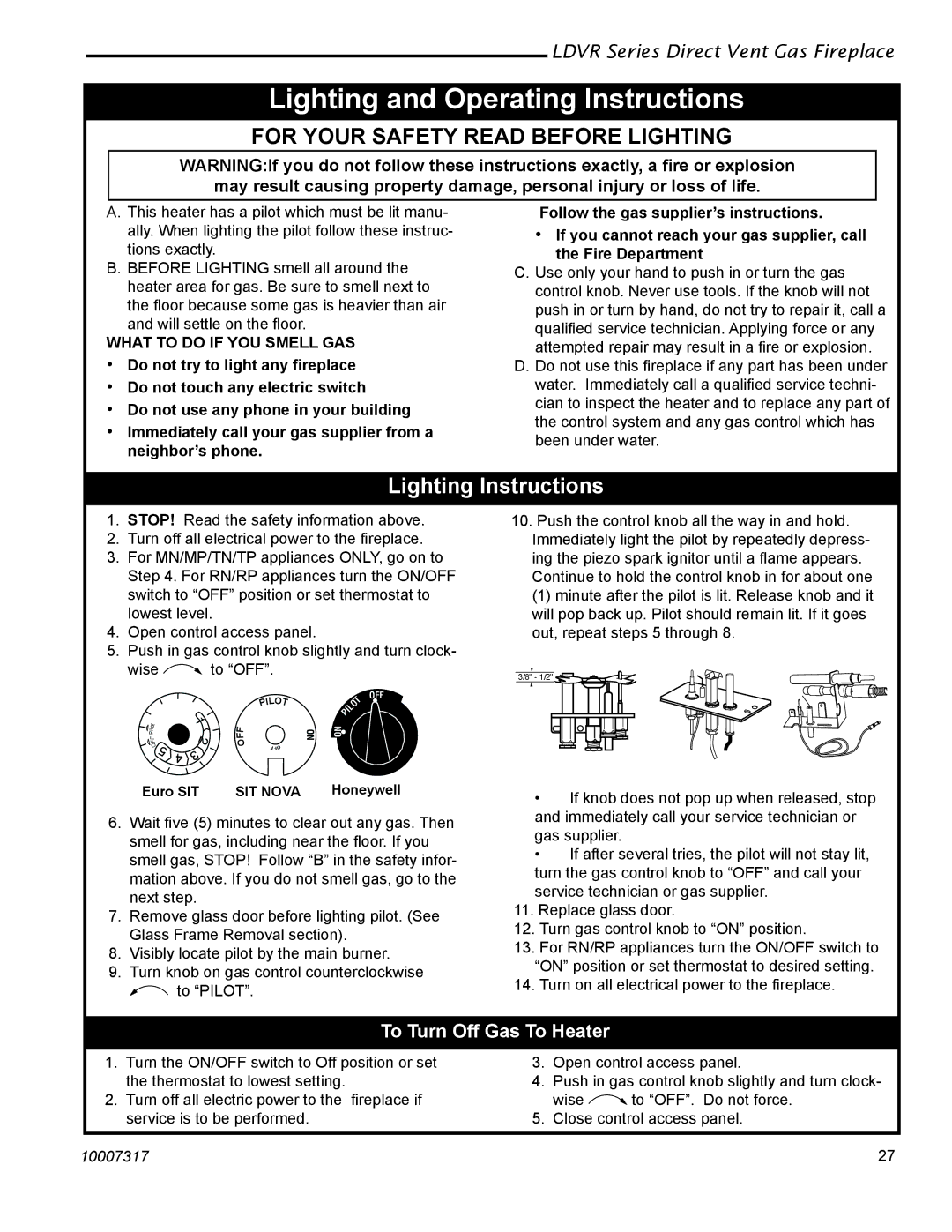 Vermont Casting 36LDVR, 43LDVR Lighting and Operating Instructions, To Turn Off Gas To Heater, What to do if YOU Smell GAS 