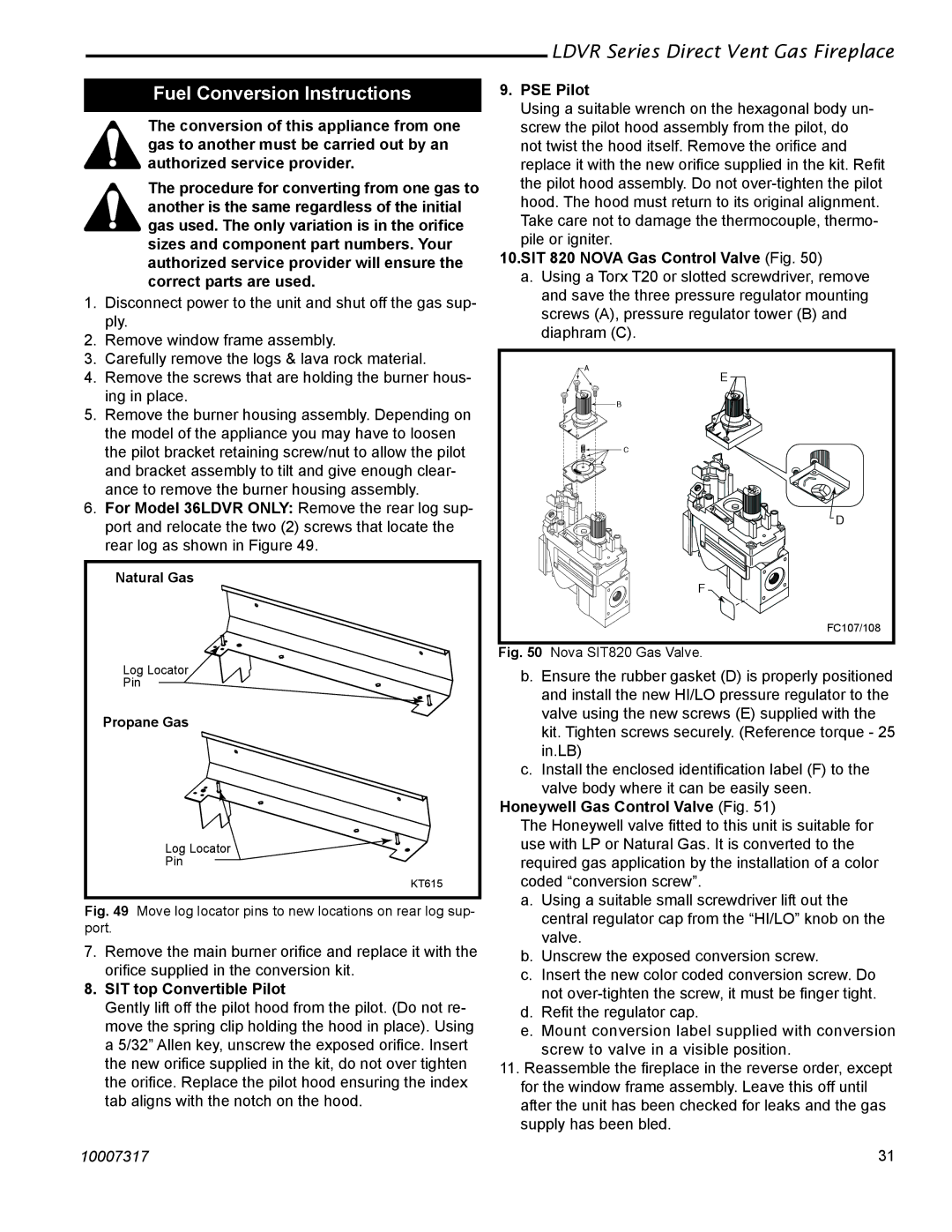 Vermont Casting 36LDVR, 43LDVR, 39LDVR, 33LDVR Fuel Conversion Instructions, PSE Pilot, SIT 820 Nova Gas Control Valve Fig 