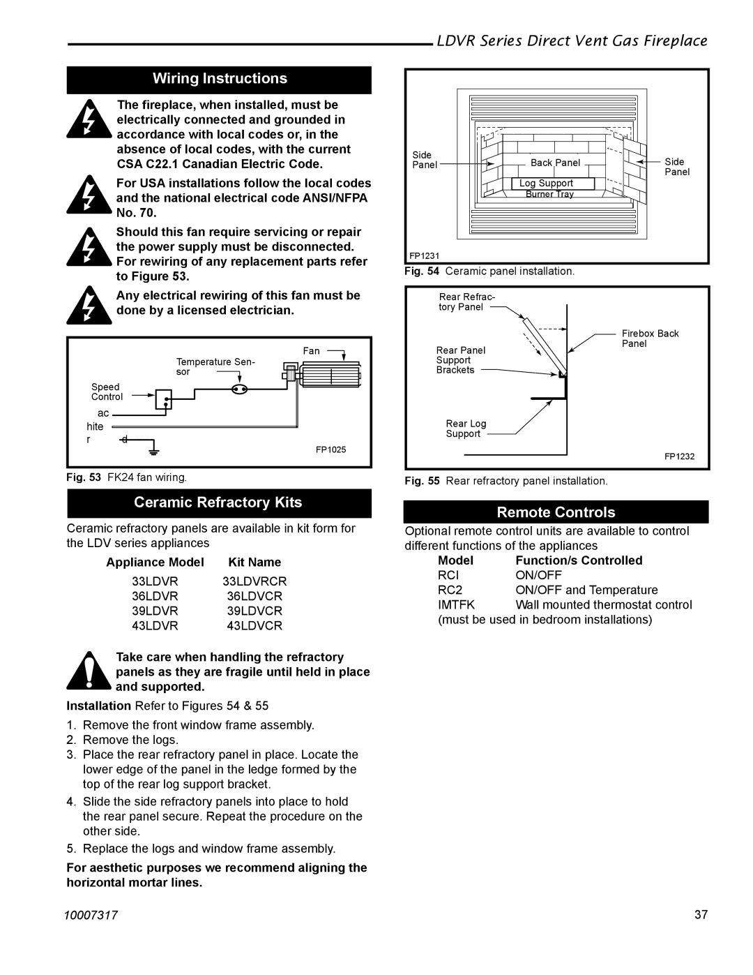 Vermont Casting 39LDVR, 43LDVR Wiring Instructions, Ceramic Refractory Kits, Remote Controls, Appliance Model Kit Name 