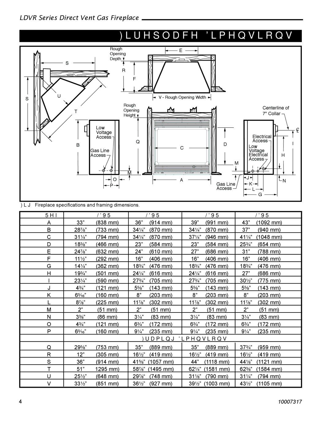 Vermont Casting installation instructions Fireplace Dimensions, 33LDVR 36LDVR 39LDVR 43LDVR, Framing Dimensions 