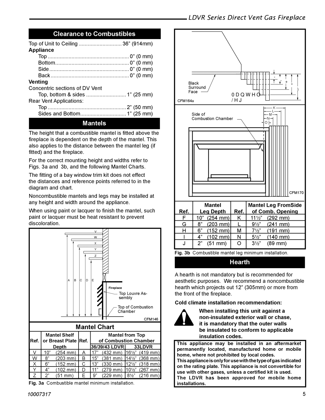 Vermont Casting 39LDVR, 43LDVR, 33LDVR, 36LDVR Clearance to Combustibles, Mantels, Mantel Chart, Hearth 