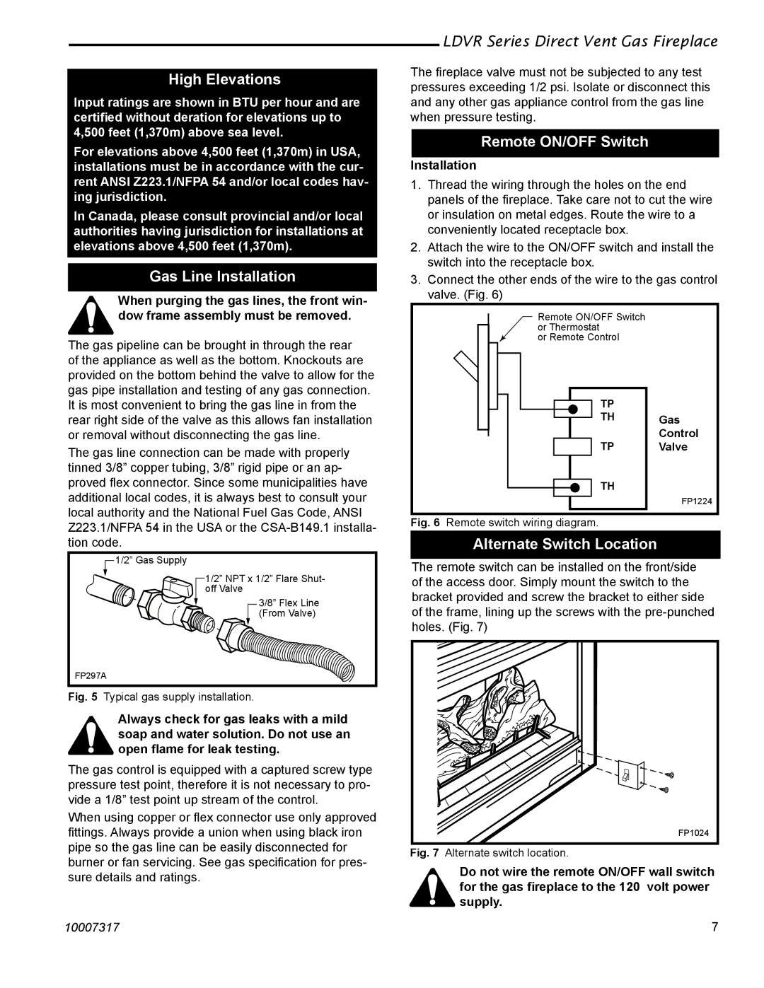 Vermont Casting 36LDVR, 43LDVR High Elevations, Gas Line Installation, Remote ON/OFF Switch, Alternate Switch Location 